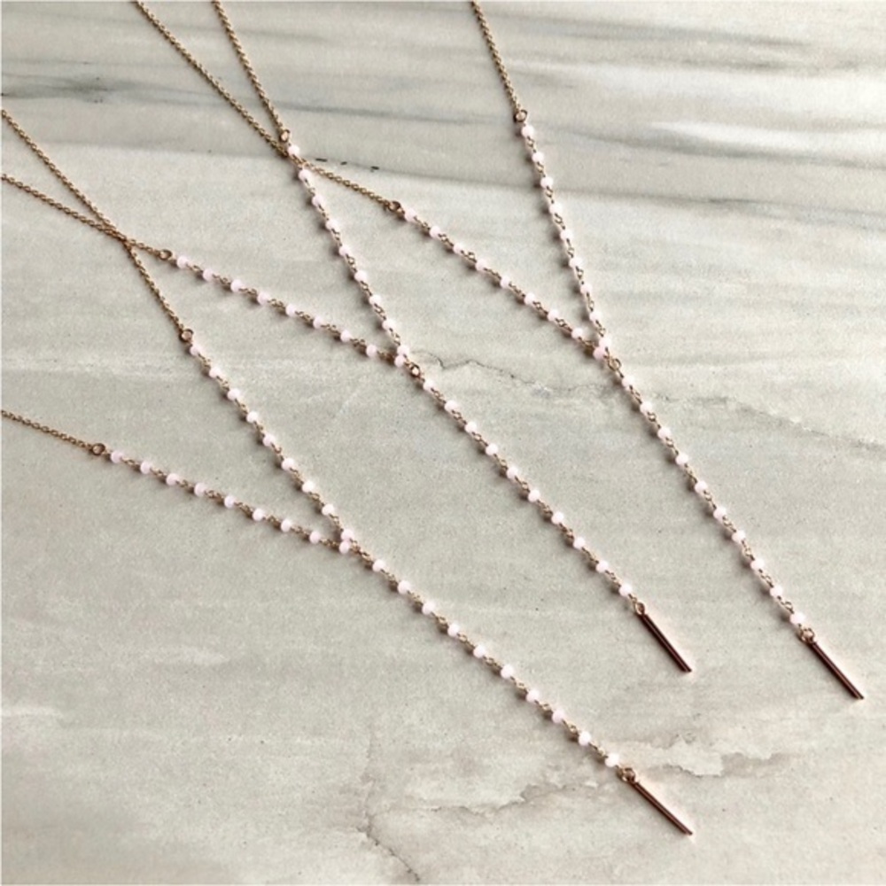 Dainty Rose Quartz Rosary Lariat Necklace